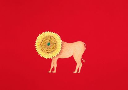 Animal-plant hybrid image feauring a Sunflower head and lion body against a red background