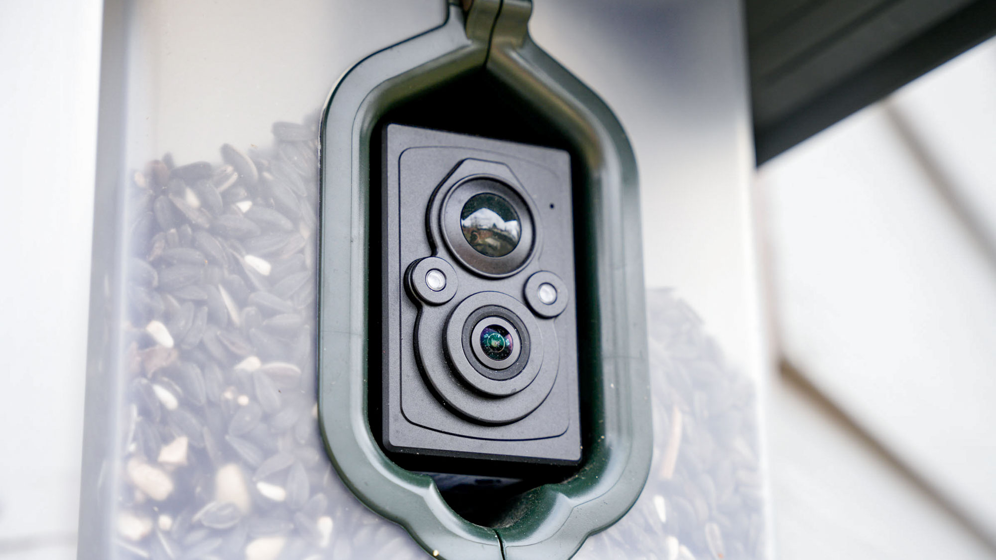 Close up of the camera on a Feathersnap Scout Bird Feeder.