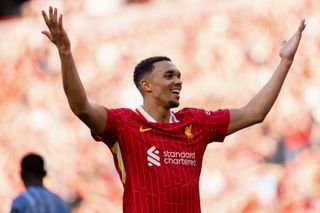Trent Alexander-Arnold celebrates after winning the Premier League title with Liverpool recently