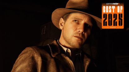 Indiana Jones and the Great Circle screenshot showing Indiana looking out pensively, with GamesRadar+'s Best of 2025 logo in the top right-hand corner