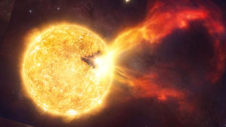 An illustration of an erupting young star.