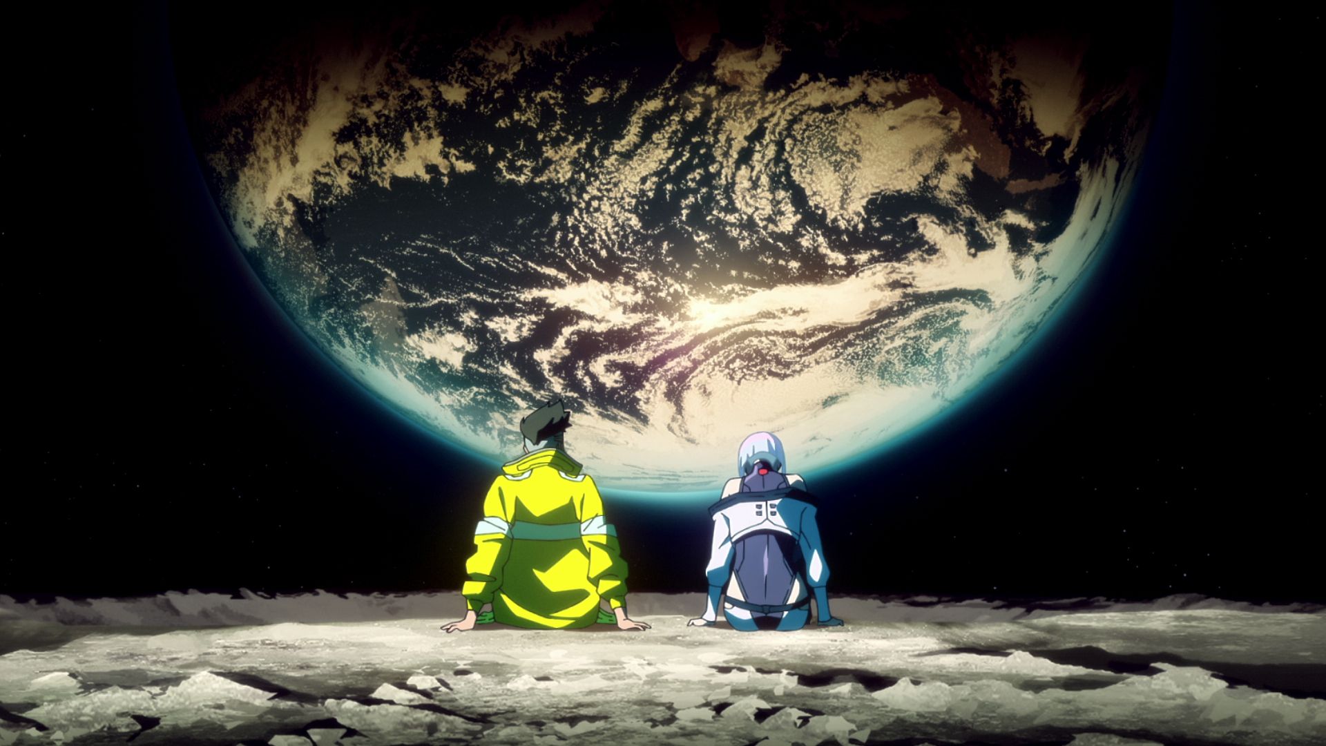 David and Lucy looking at Earth from the moon in Cyberpunk Edgerunners