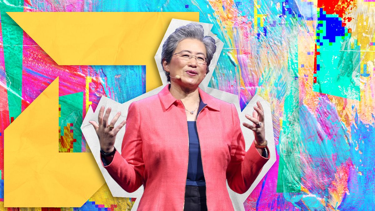 Scrapbook style punk pop-art image showing Lisa Su, chairwoman and CEO of Advanced Micro Devices (AMD), delivering the opening keynote speech at Computex 2024 on top of a colorful montage background.