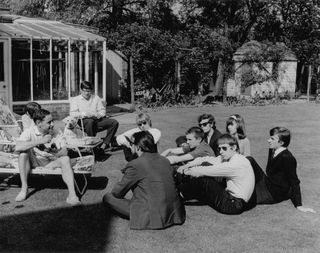 Lord Ted Willis, Yardbirds manager Giorgio Gomelsky, Keith Relf, Eric Clapton, Paul Samwell-Smith, Chris Deja and Jim McCarty at Lord Willis' country house