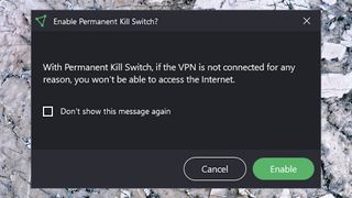 The ProtonVPN Windows app displaying its Permanent Kill Switch dialog