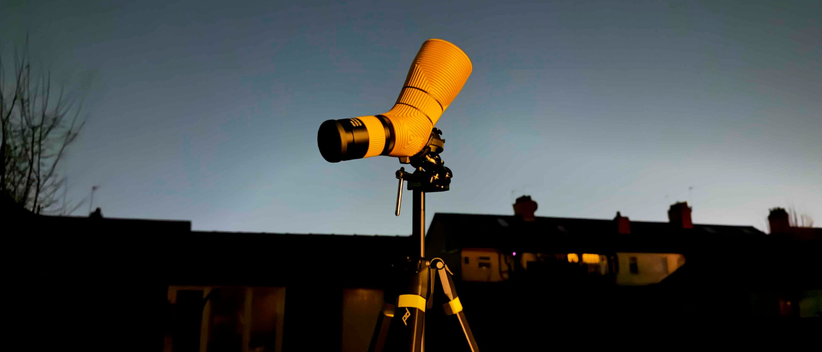 The Nocs Provisions Lite View spotting scope at twilight.