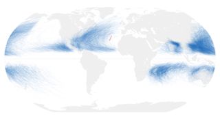 The track of Hurricane Alex (red line) is shown relative to the tracks of all reported storms in NOAA's record from 1842 to 2015.