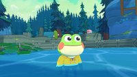 Hop, the protagonist of Big Hops, smiles plainly while half-submerged in the water of a lake.