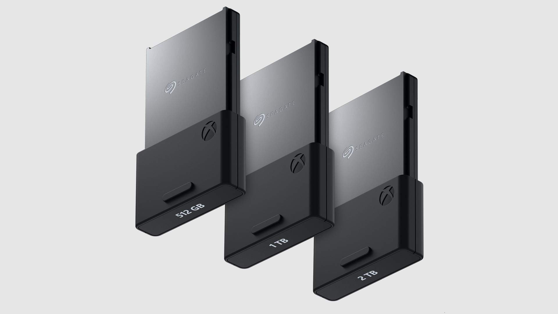 Seagate storage cards - 512 GB, 1 TB and 2 TB models shown in order of size