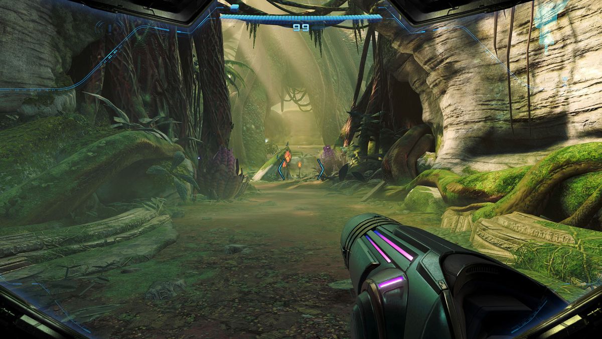 Samus walks through a forest corridor in Metroid Prime 4: Beyond on Switch 2