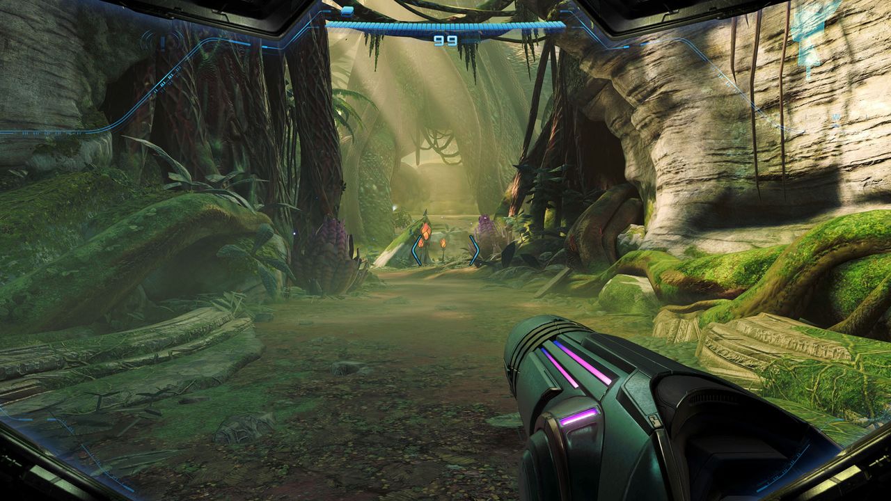 Samus walks through a forest corridor in Metroid Prime 4: Beyond on Switch 2