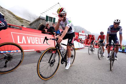 Evenepoel finishing the Tourmalet stage well off the pace
