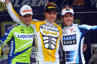 Aleksandr Kuschynski, Edvald Boasson Hagen and Matt Goss (l-r) on Ghent-Wevelgem podium