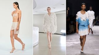 modes wear white heels on the runway at Courreges; Alaia; Bottega Veneta