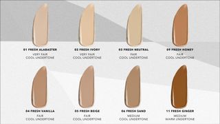 The shade range of Clnique Acne Solutions Liquid Makeup Foundation