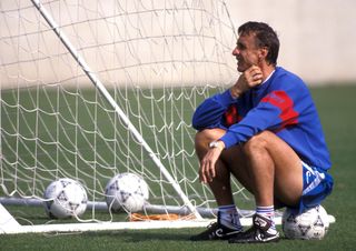 Johan Cruyff watches a Barcelona training session in October 1995.