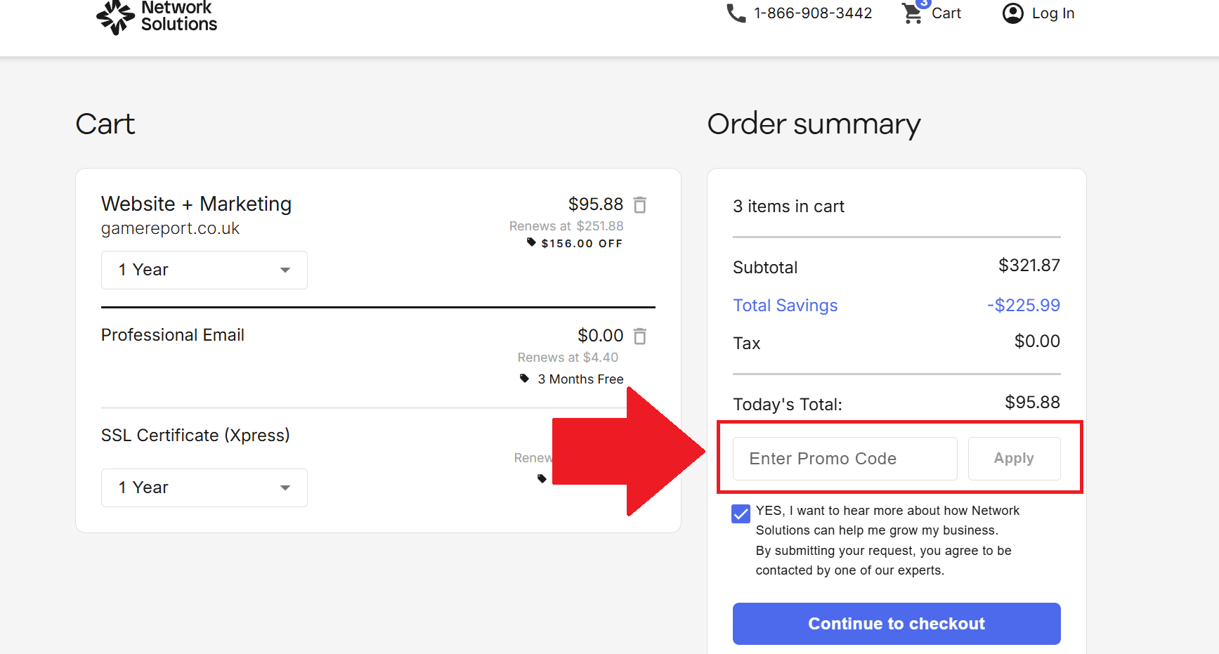 A screenshot showing the network solutions checkout page and where to enter a network solutions promo code