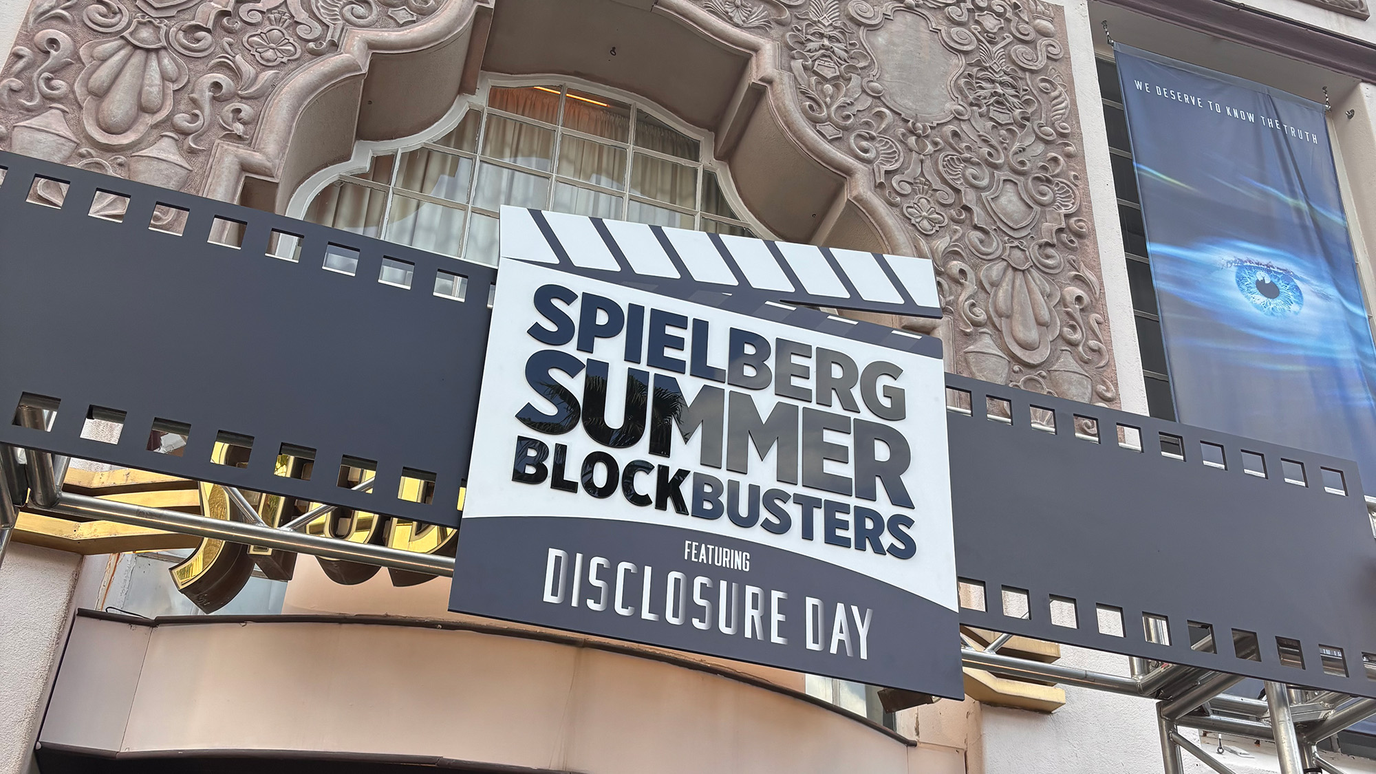 The outside marquee sign for the Spielberg Summer Blockbusters tribute at Universal Studios Florida.