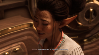 Bellara asks the player if they'd like to commit to an exclusive romance in Dragon Age: The Veilguard.