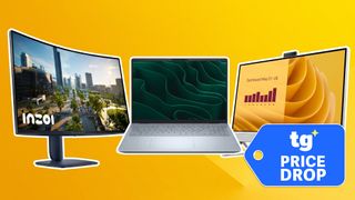 Alienware monitor, Dell laptop, and a Dell all-in-one PC