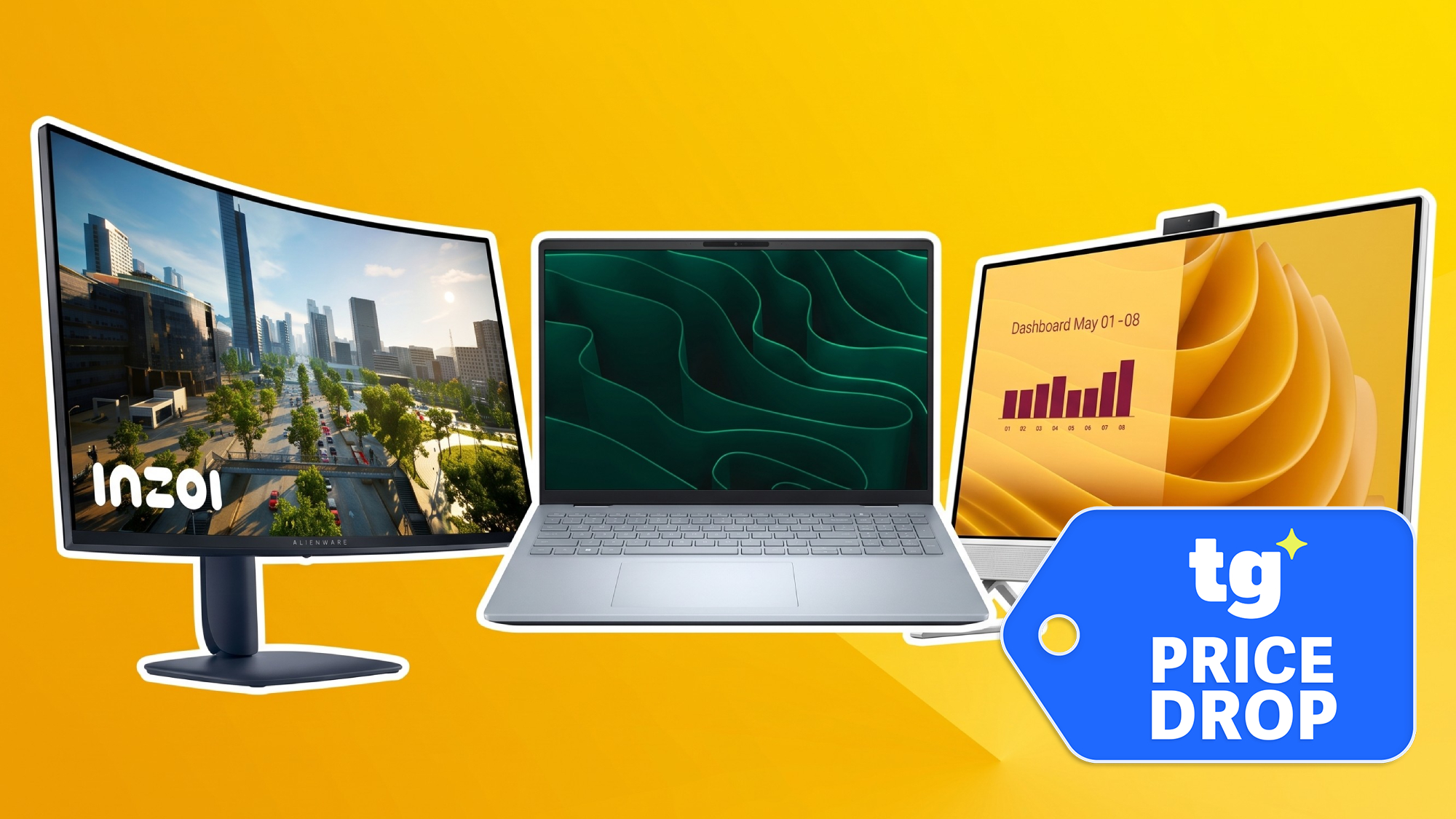 Alienware monitor, Dell laptop, and a Dell all-in-one PC