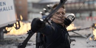 Hawkeye getting ready to shoot arrows in Captain America: Civil War