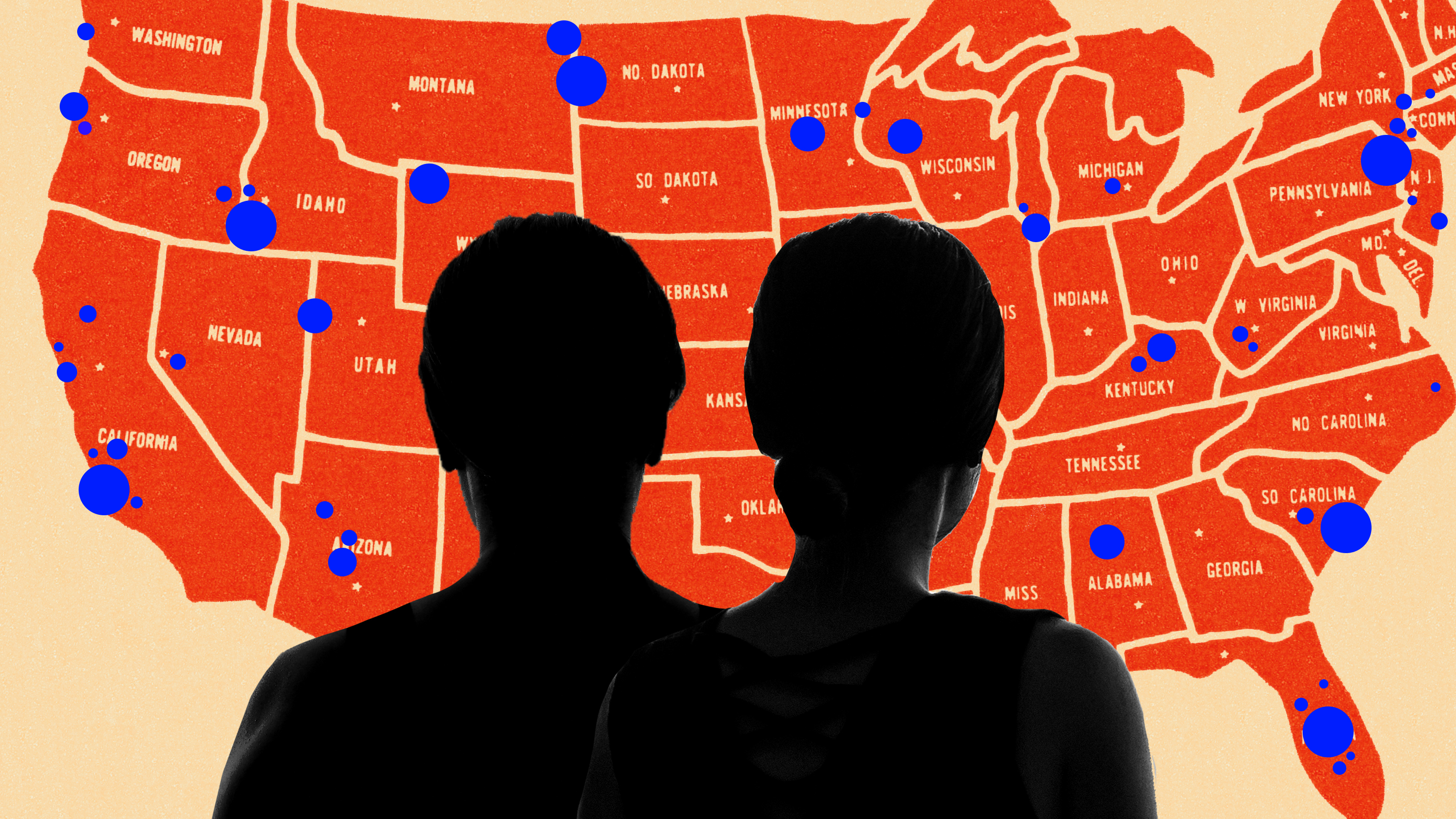 Silhouettes of two women against a backdrop of a map.