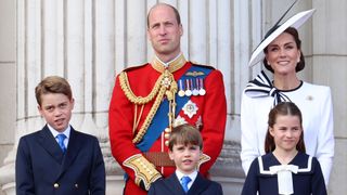 Prince George of Wales, Prince William, Prince of Wales, Prince Louis of Wales, Princess Charlotte of Wales and Catherine, Princess of Wales during Trooping the Colour at Buckingham Palace on June 15, 2024 in London