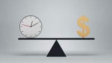 A clock balanced on one end of a scale with a dollar sign on the other end.
