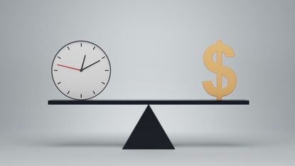 A clock balanced on one end of a scale with a dollar sign on the other end.