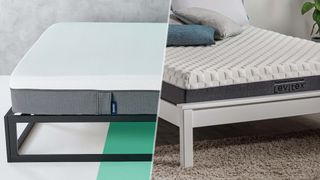 An image of the Emma Original mattress on a bed frame (left), next to the Levitex mattress in a bedroom (right)