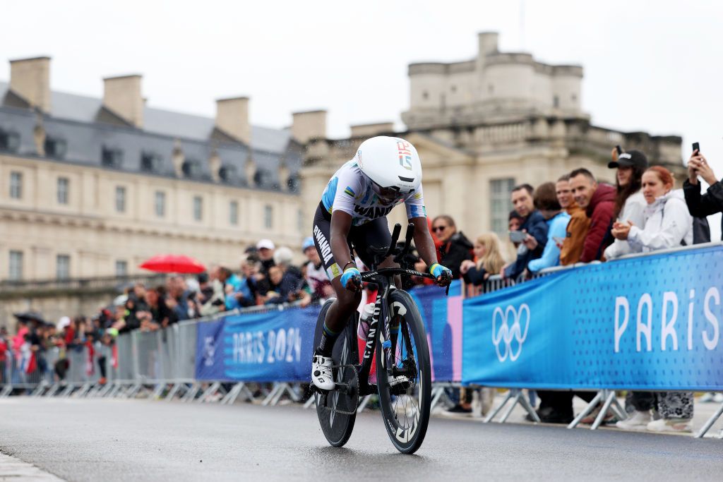 PARIS FRANCE JULY 27 Diane Ingabire of Team Rwanda competes close to the Chateau de Vincennes during the Womens Individual Time Trial on day one of the Olympic Games Paris 2024 at Pont Alexandre III on July 27 2024 in Paris France Photo by Alex BroadwayGetty Images