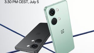 Promo image of the OnePlus Nord 3 in green and black showing the rear panel