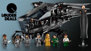 The Lego Dune Atreides Royal Ornithopter with 8 Dune Lego minifigures on a grey/black background