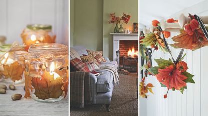 collage image of autumn decor ideas including leaf covered candles, a green living room with roaring open fire and a seasonal garland