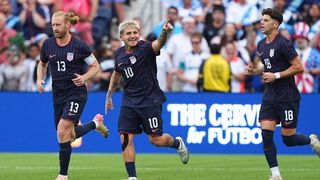 Diego Luna #10 of United States celebrates after scoring against Guatemala during the first half of the Gold Cup 2025