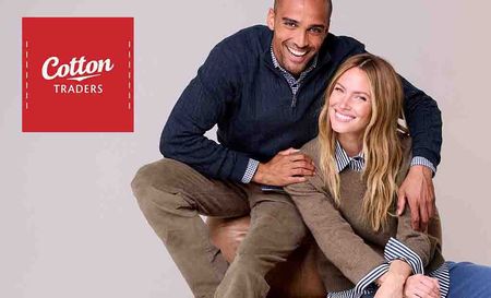 cotton traders logo top left with a picture of a happy couple posing in jumpers