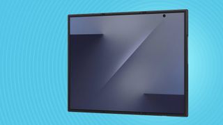 The Samsung Galaxy Z Trifold, unfolded, on a blue background