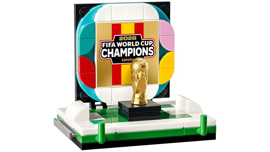 A Lego minifigure version of the world cup trophy and winners podium