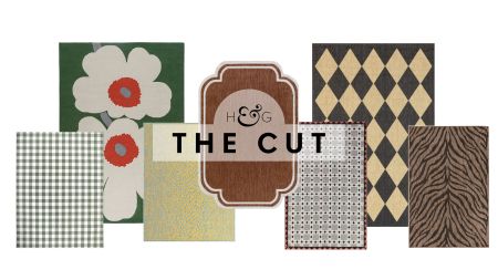 Collage of outdoor rugs, including a floral Marimekko Unikko rug, yellow-and-teal speckled rug, curved neutral rug, geometric rug, and diamond-print rug, pictured against a white background