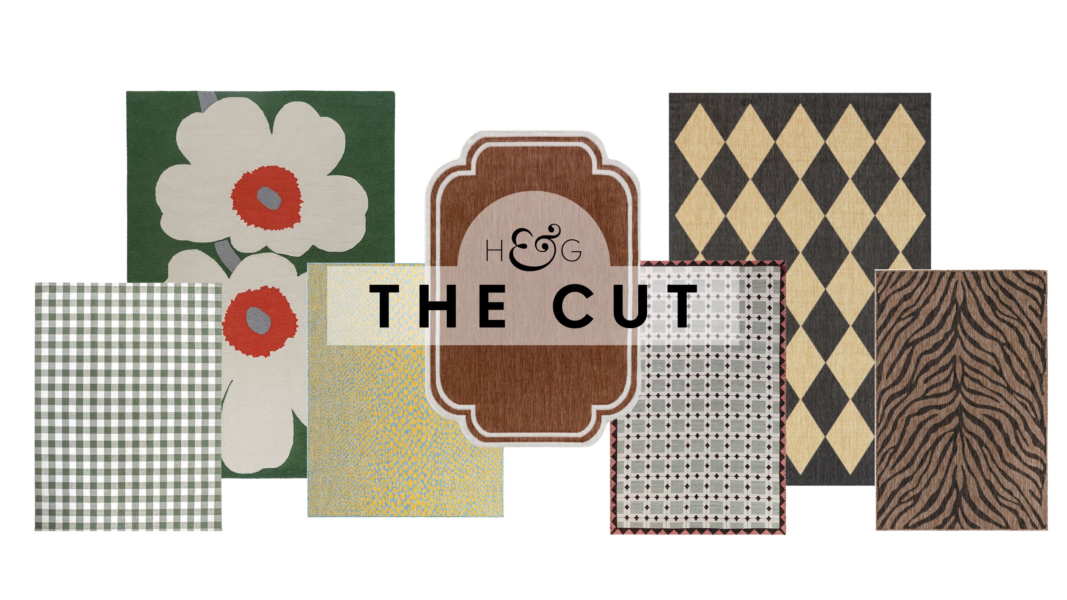 Collage of outdoor rugs, including a floral Marimekko Unikko rug, yellow-and-teal speckled rug, curved neutral rug, geometric rug, and diamond-print rug, pictured against a white background