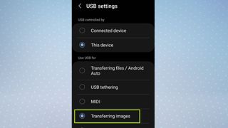 Samsung USB Settings with the Transferring images option highlighted