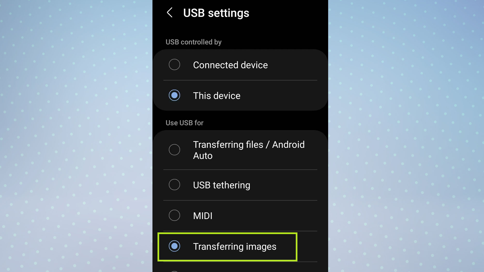 Samsung USB settings with Photo Transfer option highlighted