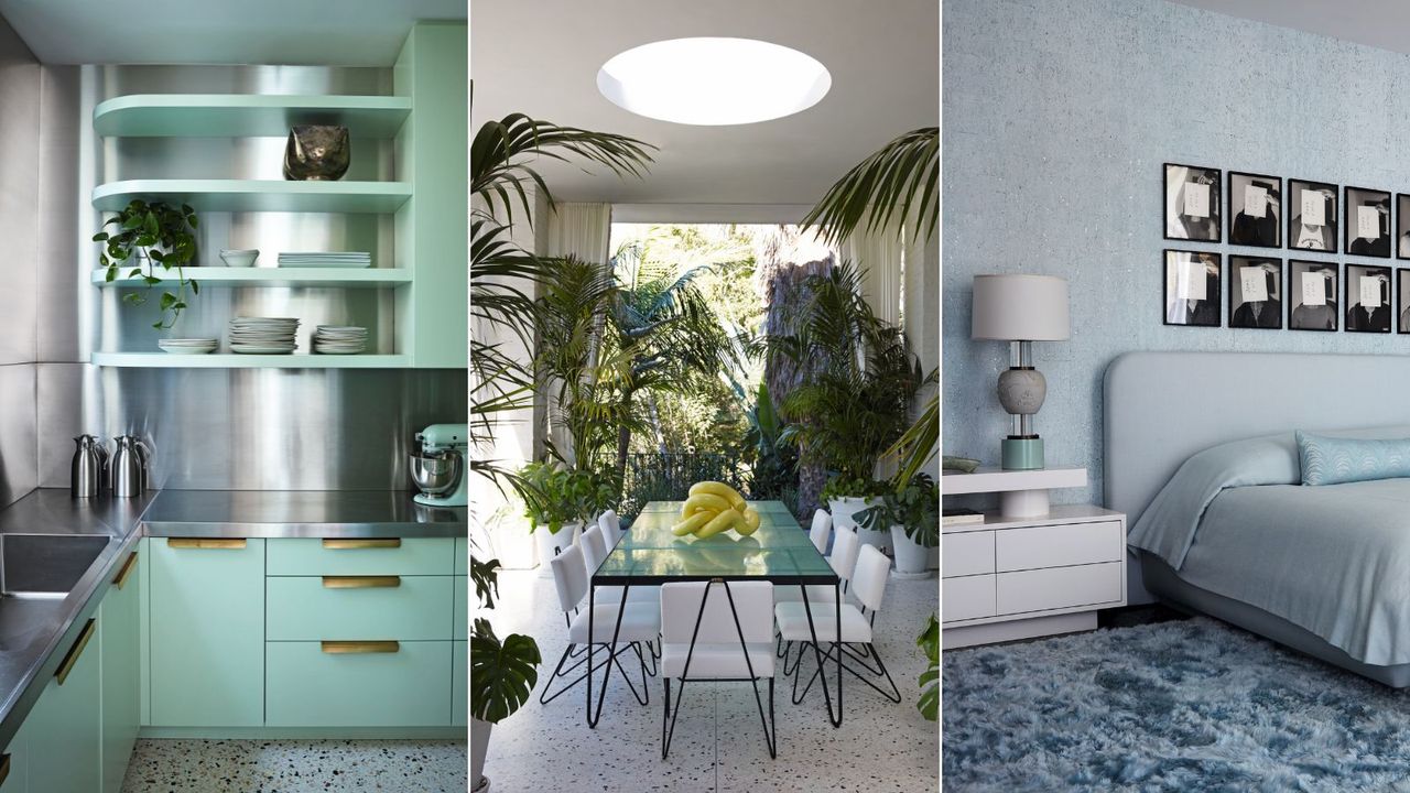 Three images of coloruful LA house interior