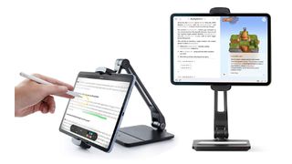 best iPad stand: Twelve South HoverBar Duo stand holding iPad in two configurations