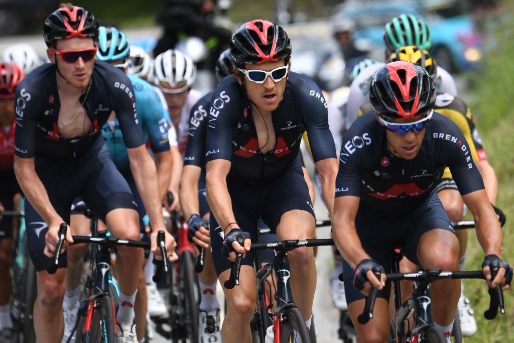 From L Team Ineos Tao Geoghegan Hart of Great Britain Team Ineos Geraint Thomas of Great Britain and Team Ineos Richie Porte of Australia ride during the seventh stage of the 73rd edition of the Criterium du Dauphine cycling race a 171km between SaintMartinLeVinoux and La Plagne on June 5 2021 Photo by Alain JOCARD AFP Photo by ALAIN JOCARDAFP via Getty Images