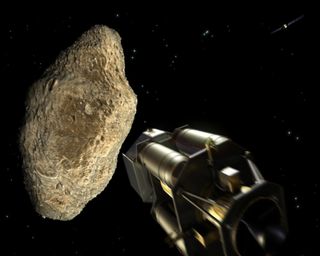 The moments before impact of an asteroid by ESA's Don Quijote mission. Here, the Impactor spacecraft (Hidalgo) heads towards the target asteroid.