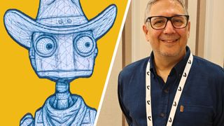 A wireframe cowboy render and a man