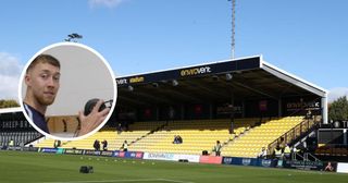 A general view of the stadium during the Sky Bet League 2 match between Harrogate Town and Hartlepool United at Wetherby Road, Harrogate on Saturday 15th October 2022