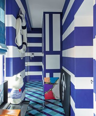 Blue and white walls, blue and black floors